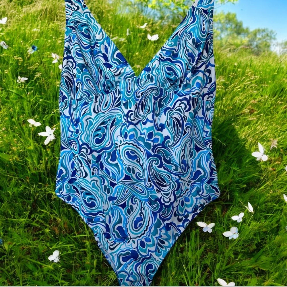 VENUS Maldives Plunge One Piece Swimsuit in Blue and White Pattern